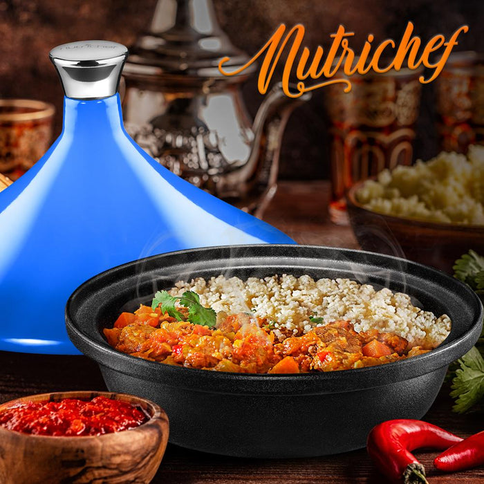 Tagine Moroccan Cast Iron Cooker Pot - 2.75-Quart Cooking Pot With Stainless Steel Knob, Enameled Base, And Cone-Shaped Cast Iron Enameled Lid (Blue)