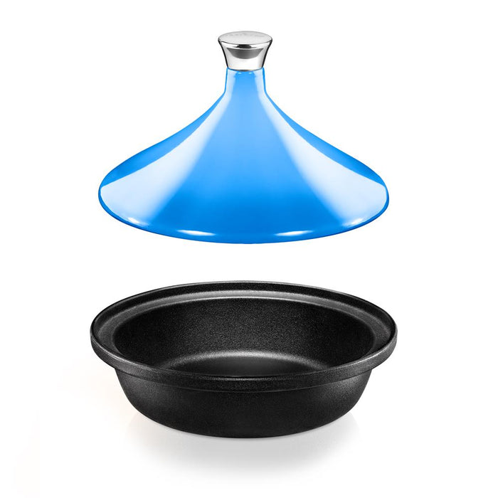 Tagine Moroccan Cast Iron Cooker Pot - 2.75-Quart Cooking Pot With Stainless Steel Knob, Enameled Base, And Cone-Shaped Cast Iron Enameled Lid (Blue)