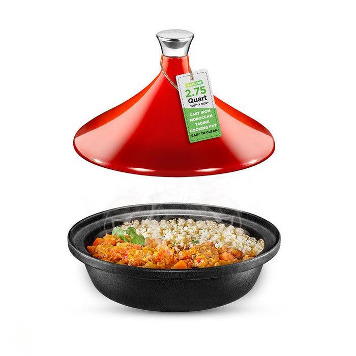 Tagine Moroccan Cast Iron Cooker Pot - 2.75-Quart Cooking Pot With Stainless Steel Knob, Enameled Base, And Cone-Shaped Cast Iron Enameled Lid (Red)