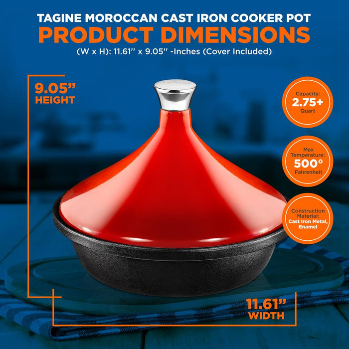 Tagine Moroccan Cast Iron Cooker Pot - 2.75-Quart Cooking Pot With Stainless Steel Knob, Enameled Base, And Cone-Shaped Cast Iron Enameled Lid (Red)