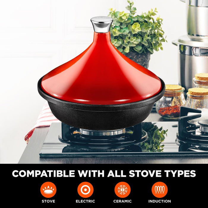 Tagine Moroccan Cast Iron Cooker Pot - 2.75-Quart Cooking Pot With Stainless Steel Knob, Enameled Base, And Cone-Shaped Cast Iron Enameled Lid (Red)