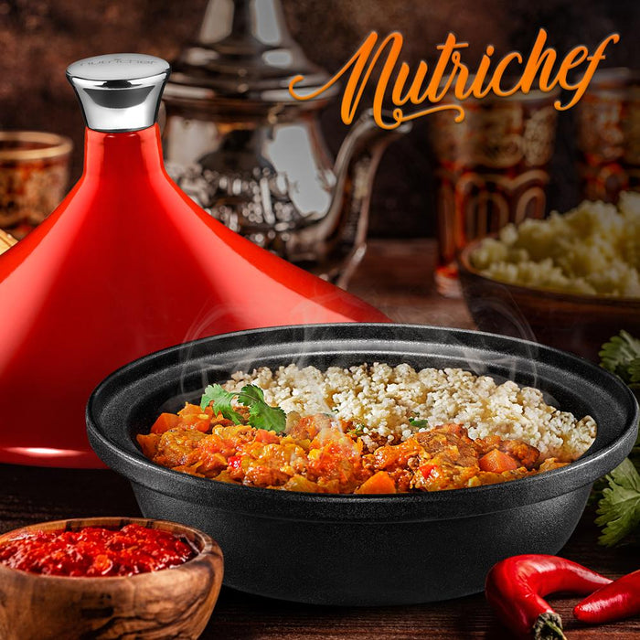 Tagine Moroccan Cast Iron Cooker Pot - 2.75-Quart Cooking Pot With Stainless Steel Knob, Enameled Base, And Cone-Shaped Cast Iron Enameled Lid (Red)