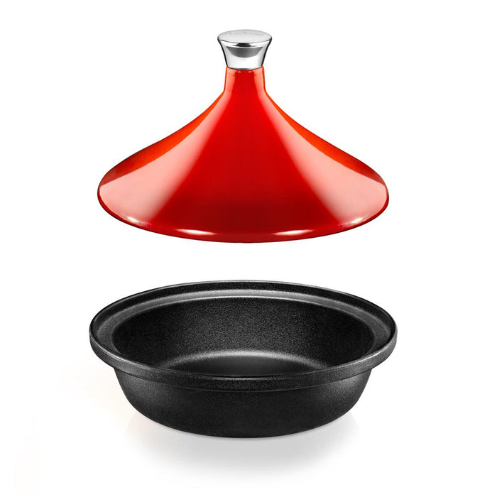 Tagine Moroccan Cast Iron Cooker Pot - 2.75-Quart Cooking Pot With Stainless Steel Knob, Enameled Base, And Cone-Shaped Cast Iron Enameled Lid (Red)