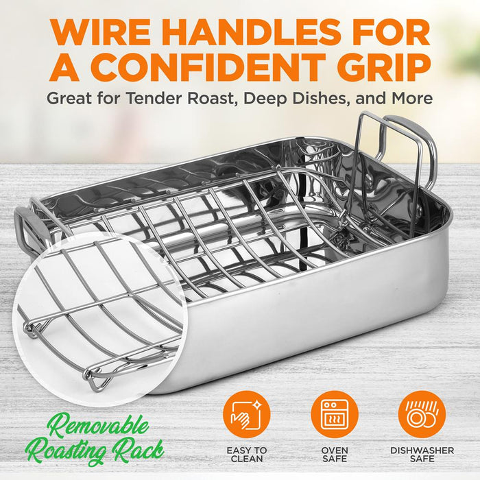 Roasting Pan / Roaster With Polished Rack And Wire Handle