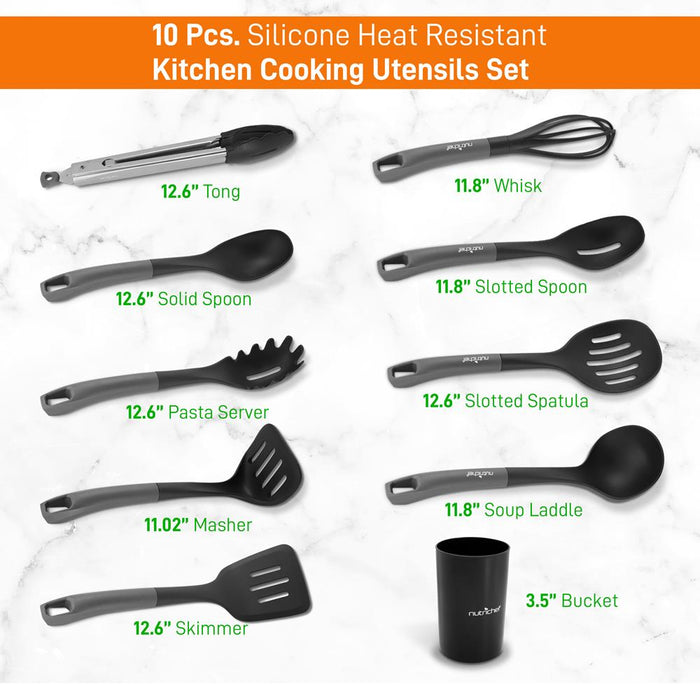 10 Pcs. Silicone Heat Resistant Kitchen Cooking Utensils Set - Non-Stick Baking Tools With Pp Holder (Gray & Black)