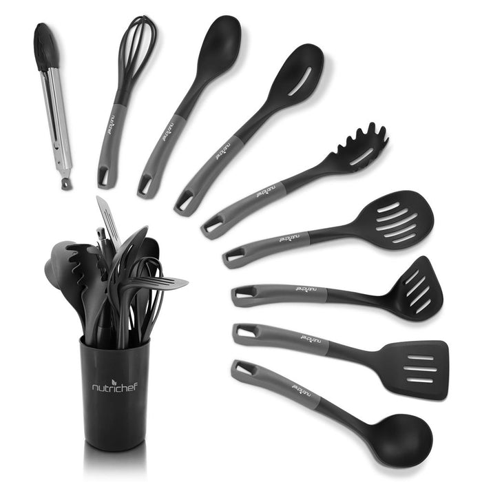 10 Pcs. Silicone Heat Resistant Kitchen Cooking Utensils Set - Non-Stick Baking Tools With Pp Holder (Gray & Black)