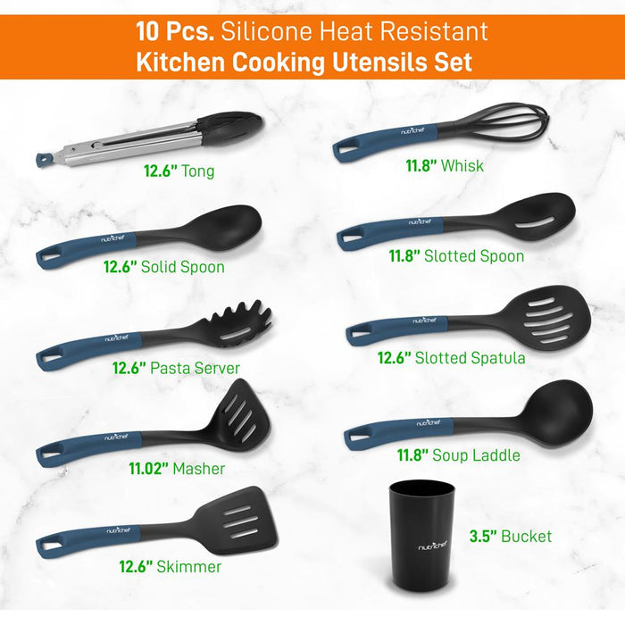 10 Pcs. Silicone Heat Resistant Kitchen Cooking Utensils Set - Non-Stick Baking Tools With Pp Holder (Blue & Black)