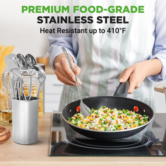 10 Pcs. Stainless Steel Kitchen Utensils Set  - Nonstick & Heat Resistant With High-Quality Ss Utensil Holder, Spoon, Slotted Spoon, Turner, Slotted Turner, Ladle, Pasta Server, Server, Food Tong, Masher And Whisk