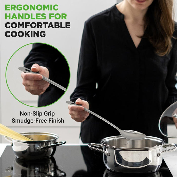 10 Pcs. Stainless Steel Kitchen Utensils Set  - Nonstick & Heat Resistant With High-Quality Ss Utensil Holder, Spoon, Slotted Spoon, Turner, Slotted Turner, Ladle, Pasta Server, Server, Food Tong, Masher And Whisk