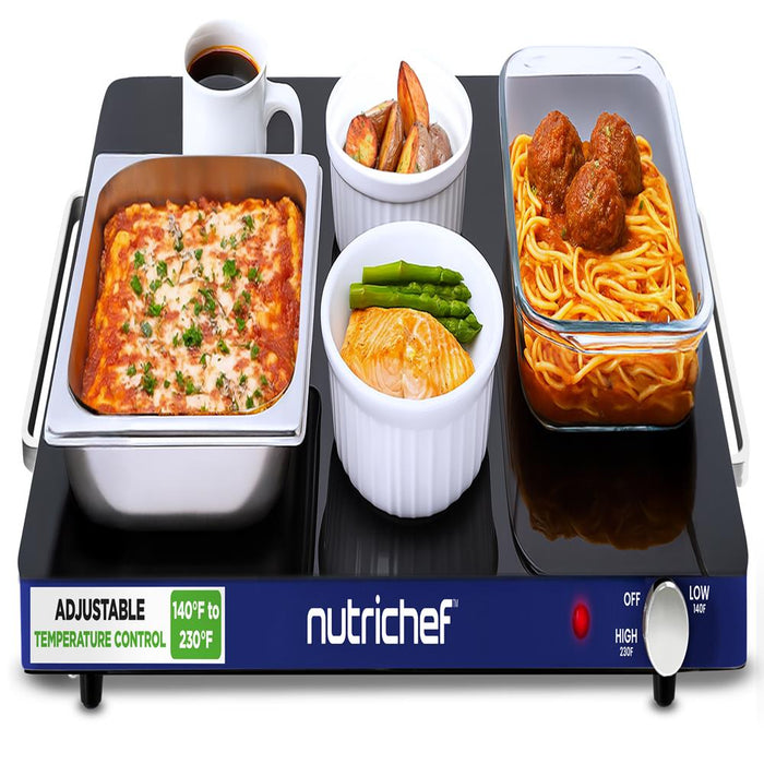 Electric Warming Tray Keeps Food Warm Glass Surface Adjustable Temp Blue