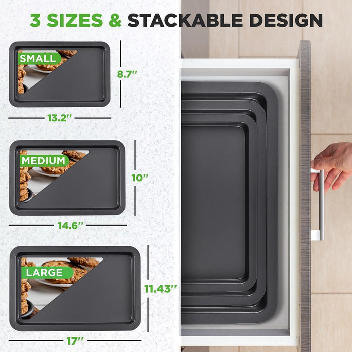 3-Pc. Nonstick Cookie Sheet Baking Pan - Professional Quality Kitchen Cooking Non-Stick Bake Trays With Black Coating Inside & Outside
