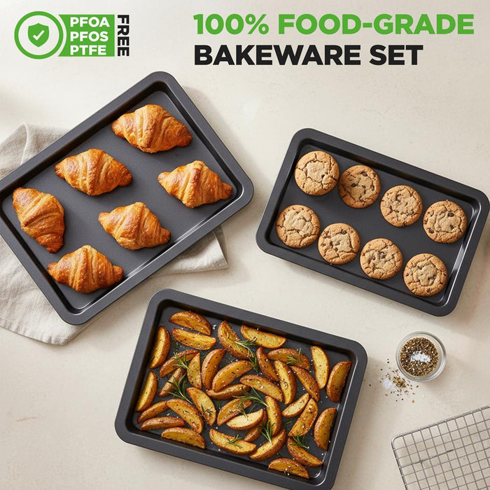 3-Pc. Nonstick Cookie Sheet Baking Pan - Professional Quality Kitchen Cooking Non-Stick Bake Trays With Black Coating Inside & Outside