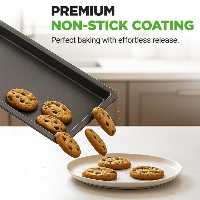 3-Pc. Nonstick Cookie Sheet Baking Pan - Professional Quality Kitchen Cooking Non-Stick Bake Trays With Black Coating Inside & Outside
