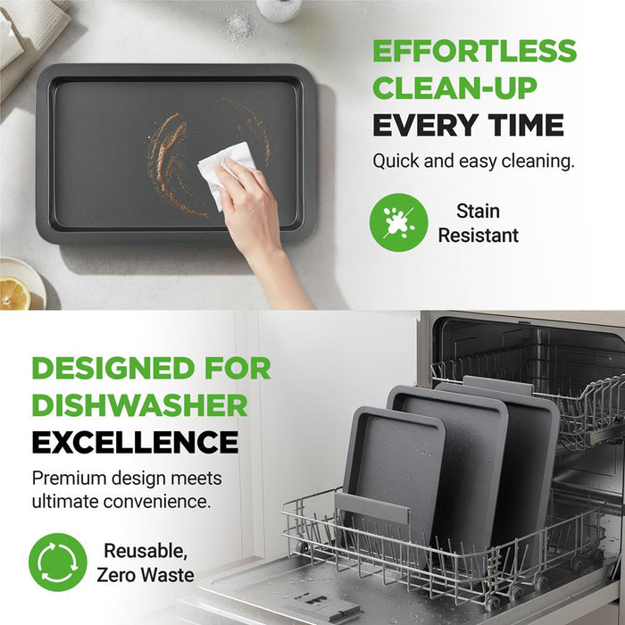 3-Pc. Nonstick Cookie Sheet Baking Pan - Professional Quality Kitchen Cooking Non-Stick Bake Trays With Black Coating Inside & Outside