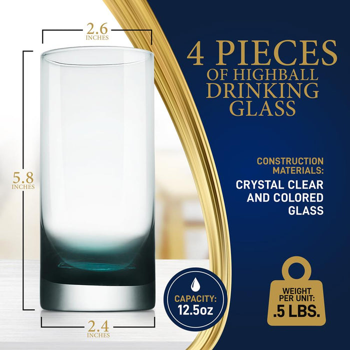 4 Pcs. Of Highball Drinking Glass - Heavy Base And Tall Glass Tumbler For Water, Wine, Beer, Cocktails, Whiskey, Juice, Bars, Mixed Drinks