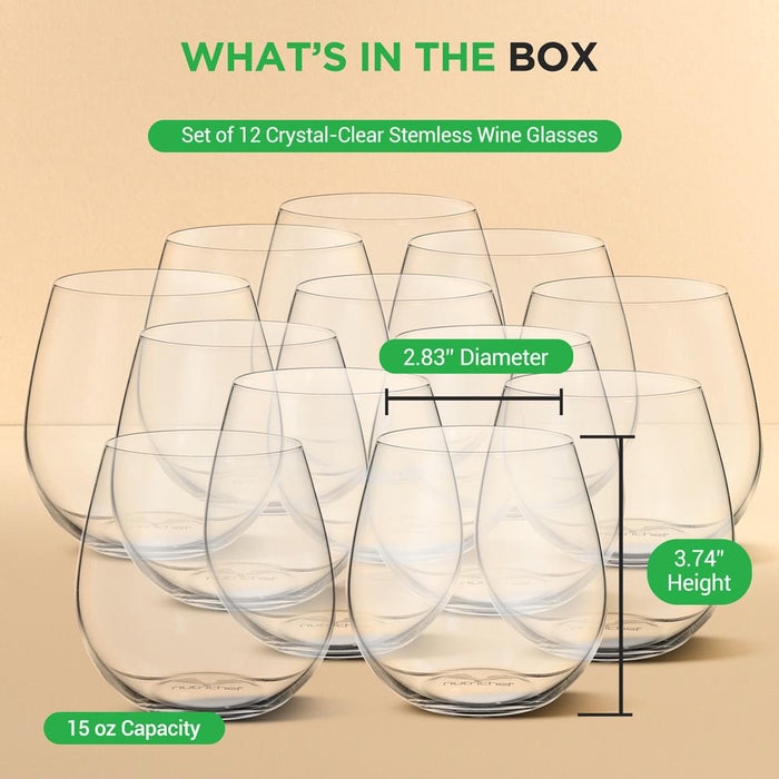 12 Pcs. Of Crystal-Clear Stemless Wine Glass - Ultra Clear And Thin, Elegant Clear Wine Glasses, Hand Blown