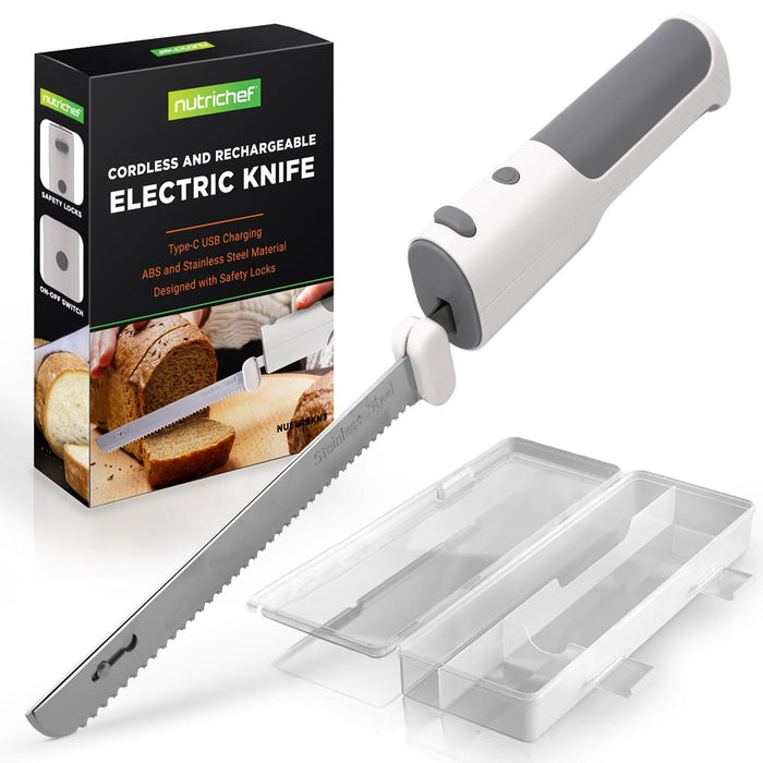 Electric Bread Knife For Carving Cooked Meats, Cooked Poultry, Bread, Crafting Foam, And More, Lightweight With Contoured Grip Handle (White And Grey)