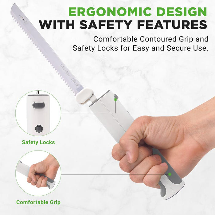 Electric Bread Knife For Carving Cooked Meats, Cooked Poultry, Bread, Crafting Foam, And More, Lightweight With Contoured Grip Handle (White And Grey)