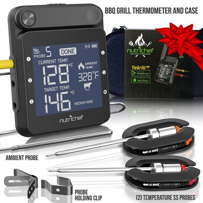 Smart Bbq Grill Thermometer - Digital Display, Stainless Dual Probes Safe To Leave In Outdoor Barbecue Meat Smoker - Wireless Remote Alert Ios Android Phone Wifi App