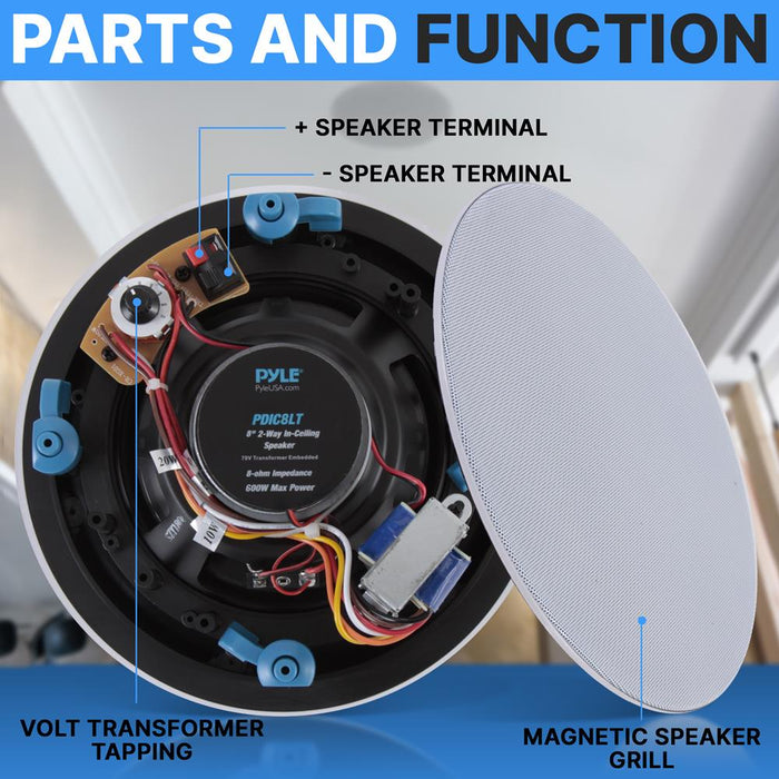 8.0’’ In-Wall / In-Ceiling 70V Speaker - Flush Mount Low-Profile Speaker With 70 Volt Transformer, Magnetic Grill (600 Watt)