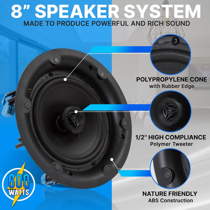 8.0’’ In-Wall / In-Ceiling 70V Speaker - Flush Mount Low-Profile Speaker With 70 Volt Transformer, Magnetic Grill (600 Watt)