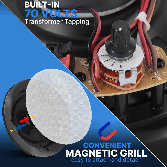 8.0’’ In-Wall / In-Ceiling 70V Speaker - Flush Mount Low-Profile Speaker With 70 Volt Transformer, Magnetic Grill (600 Watt)