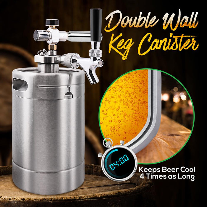 Homebrew Double Wall Mini Keg Beer Dispenser - 64 Oz. Double Wall Mini Keg With Cap Spear, Metal Tap Co2 Aluminum Regulator System