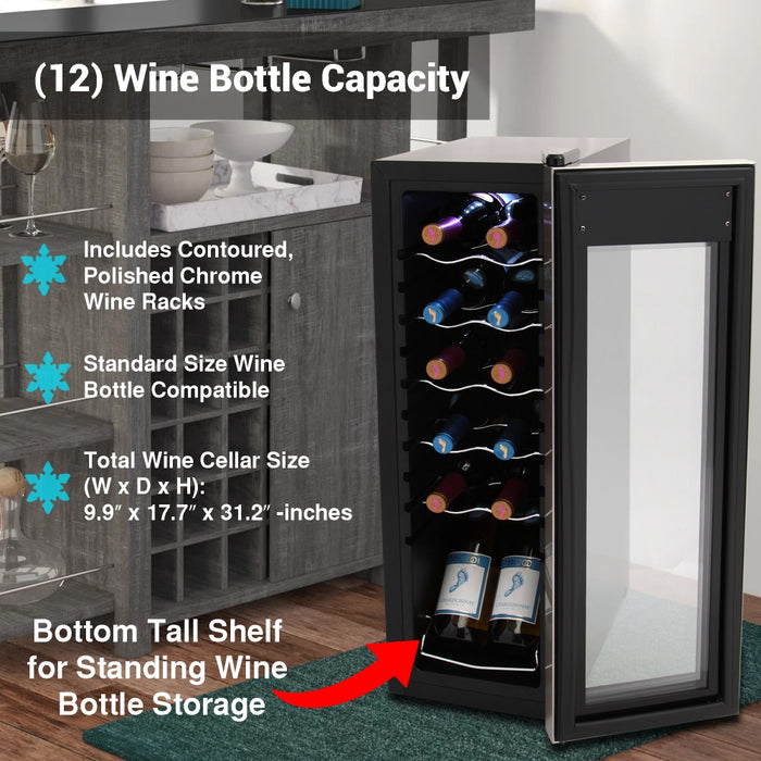 Home Wine Cooler Fridge - Smart Wine Cooler Chilling Refrigerator With Digital Touchscreen Control, Adjustable Temp (12 Bottle Storage Capacity)