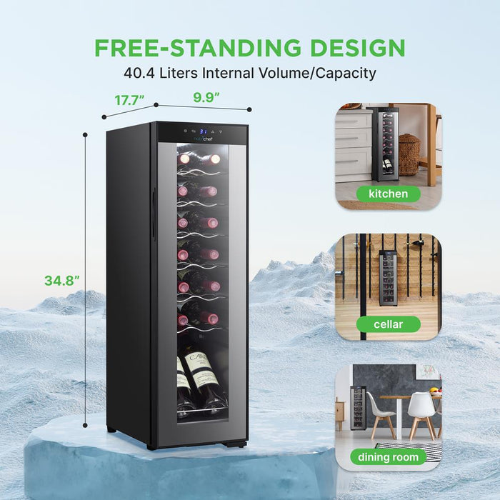 Wine Chilling Refrigerator Cellar - Single-Zone Wine Cooler/Chiller, Digital Touch Button Control With Air Tight Seal, Contains Placement For Standing Bottles (14 Bottle Storage Capacity)