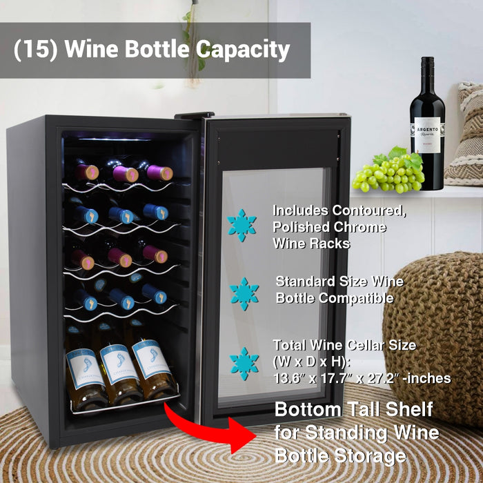 Wine Chilling Refrigerator Cellar - Digital Touch Button Control With Air Tight Seal, Contains Placement For Standing Bottles (15 Bottle Storage Capacity)