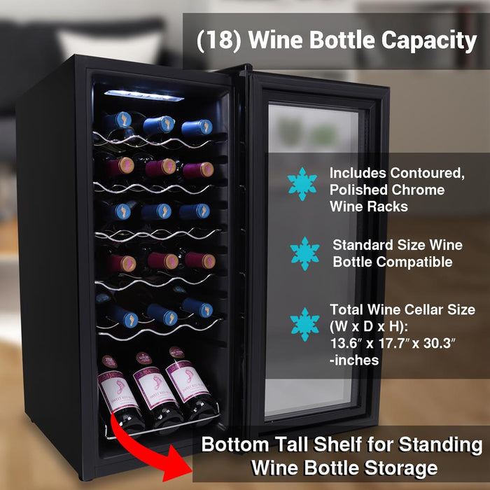 Wine Chilling Refrigerator Cellar - Digital Touch Button Control With Air Tight Seal, Contains Placement For Standing Bottles (18 Bottle Storage Capacity)