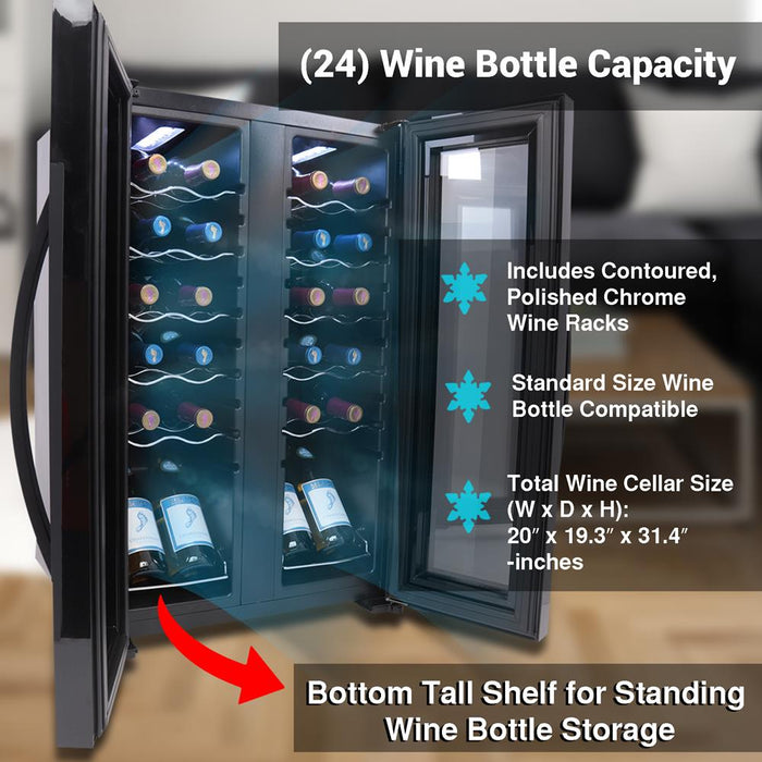 Wine Chilling Refrigerator Cellar - Dual-Zone Wine Cooler/Chiller, Digital Touch Button Control With Air Tight Seal, Contains Placement For Standing Bottles (24 Bottle Storage Capacity)