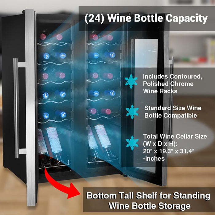 Wine Chilling Refrigerator Cellar - Dual-Zone Wine Cooler/Chiller, Digital Touch Button Control With Air Tight Seal, Contains Placement For Standing Bottles (24 Bottle Storage Capacity)