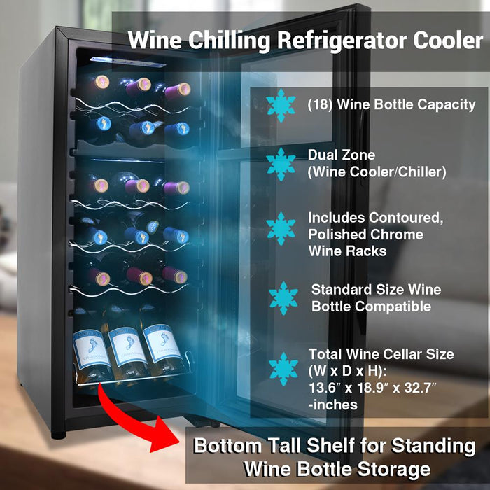 Wine Chilling Refrigerator Cellar - Dual-Zone Wine Cooler/Chiller, Digital Touch Button Control With Air Tight Seal, Contains Placement For Standing Bottles (18 Bottle Storage Capacity)