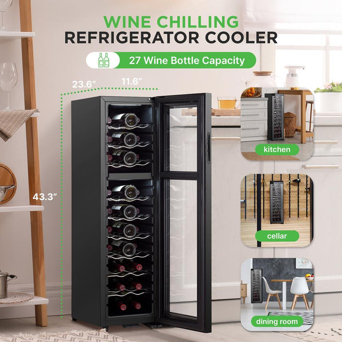 Wine Chilling Refrigerator Cellar - Dual-Zone Wine Cooler/Chiller, Digital Touch Button Control With Air Tight Seal, Contains Placement For Standing Bottles (27 Bottle Storage Capacity)