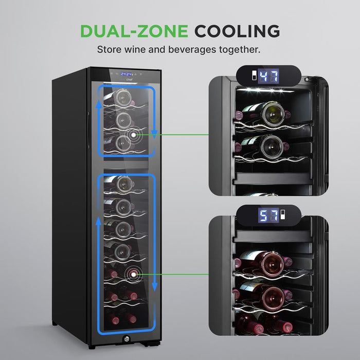 Wine Chilling Refrigerator Cellar - Dual-Zone Wine Cooler/Chiller, Digital Touch Button Control With Air Tight Seal, Contains Placement For Standing Bottles (27 Bottle Storage Capacity)