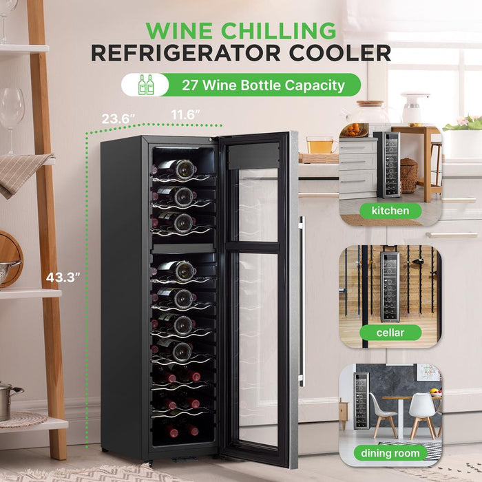 Wine Chilling Refrigerator Cellar - Dual-Zone Wine Cooler/Chiller, Digital Touch Button Control With Air Tight Seal, Contains Placement For Standing Bottles (27 Bottle Storage Capacity)