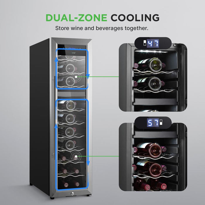 Wine Chilling Refrigerator Cellar - Dual-Zone Wine Cooler/Chiller, Digital Touch Button Control With Air Tight Seal, Contains Placement For Standing Bottles (27 Bottle Storage Capacity)