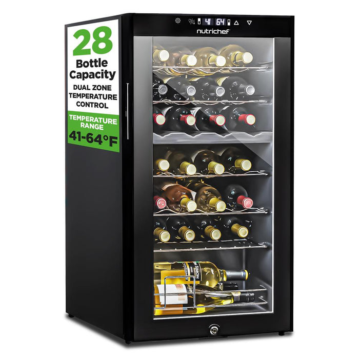 Wine Chilling Refrigerator Cellar - Dual-Zone Wine Cooler/Chiller, Digital Touch Button Control With Air Tight Seal, Contains Placement For Standing Bottles (28 Bottle Storage Capacity)