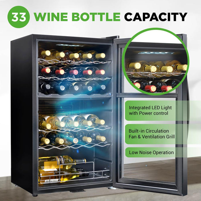 Wine Chilling Refrigerator Cellar - Dual-Zone Wine Cooler/Chiller, Digital Touch Button Control With Air Tight Seal, Contains Placement For Standing Bottles (33 Bottle Storage Capacity)