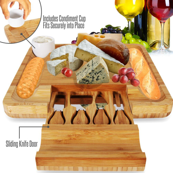 Bamboo Cheese Cutting Board Set - Flat Wood Serving Platter For Picnic Food Or Wine - Rectangle Fruit And Meat Plate Kit W/ Bowl, Closing Drawer Tray, 4 Stainless Steel Knives - Nutrichef Pkczbd10