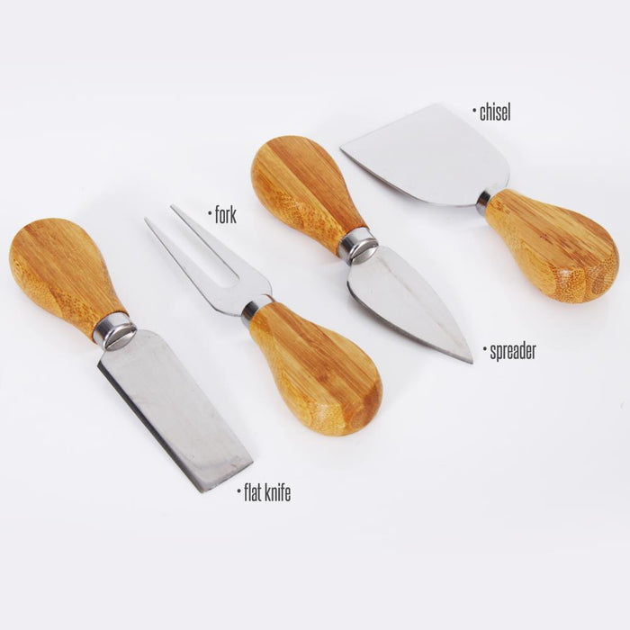 Bamboo Cheese Cutting Board Set - Flat Wood Serving Platter For Picnic Food Or Wine - Rectangle Fruit And Meat Plate Kit W/ Bowl, Closing Drawer Tray, 4 Stainless Steel Knives - Nutrichef Pkczbd10