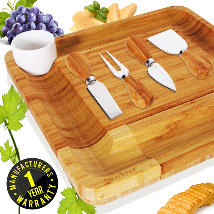 Bamboo Cheese Cutting Board Set - Flat Wood Serving Platter For Picnic Food Or Wine - Rectangle Fruit And Meat Plate Kit W/ Bowl, Closing Drawer Tray, 4 Stainless Steel Knives - Nutrichef Pkczbd10