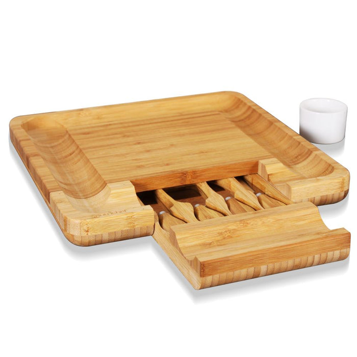 Bamboo Cheese Cutting Board Set - Flat Wood Serving Platter For Picnic Food Or Wine - Rectangle Fruit And Meat Plate Kit W/ Bowl, Closing Drawer Tray, 4 Stainless Steel Knives - Nutrichef Pkczbd10