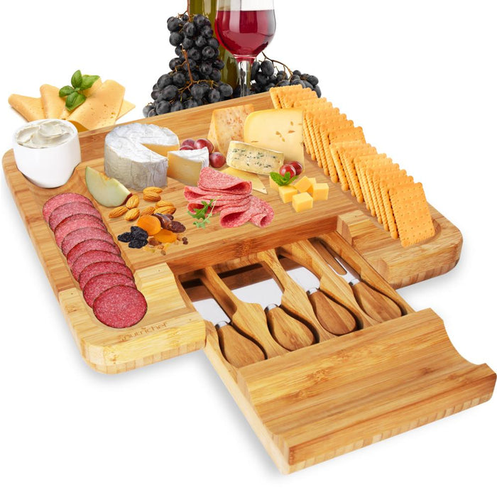 Bamboo Cheese Cutting Board Set - Flat Wood Serving Platter For Picnic Food Or Wine - Rectangle Fruit And Meat Plate Kit W/ Bowl, Closing Drawer Tray, 4 Stainless Steel Knives - Nutrichef Pkczbd10