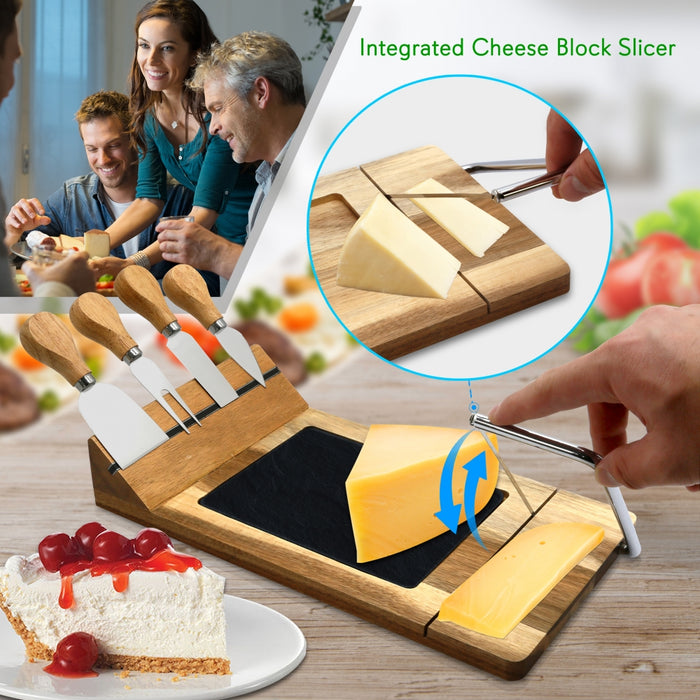 Bamboo Food Serving & Food Slicer Platter - Cheese Board Presentation Set With Built-In Slicing Blade, Slate Stone Slab