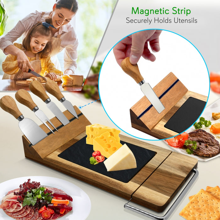 Bamboo Food Serving & Food Slicer Platter - Cheese Board Presentation Set With Built-In Slicing Blade, Slate Stone Slab