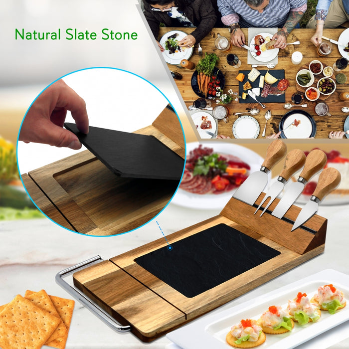 Bamboo Food Serving & Food Slicer Platter - Cheese Board Presentation Set With Built-In Slicing Blade, Slate Stone Slab