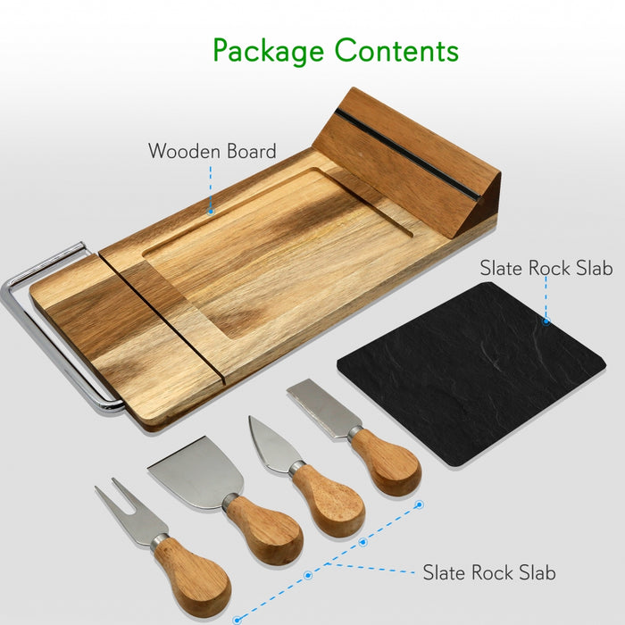 Bamboo Food Serving & Food Slicer Platter - Cheese Board Presentation Set With Built-In Slicing Blade, Slate Stone Slab