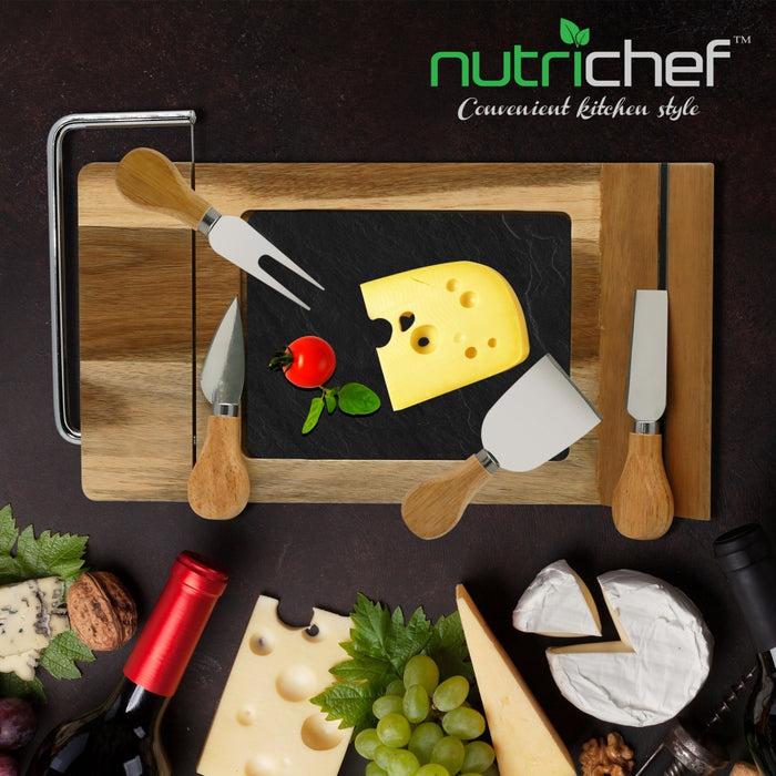 Bamboo Food Serving & Food Slicer Platter - Cheese Board Presentation Set With Built-In Slicing Blade, Slate Stone Slab